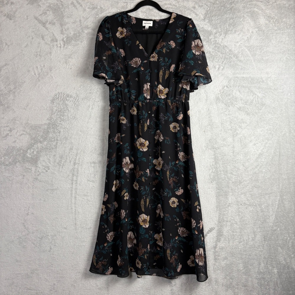Frank And Oak Midi Dress Floral Flutter Sleeve Size M Black V-Neck Chiffon Boho